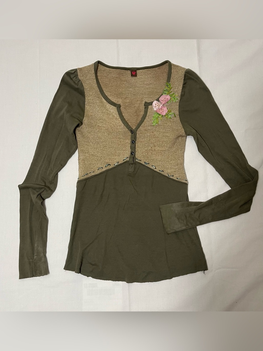 Green Fairy Two-Tone Henley Top with Floral Appliqué